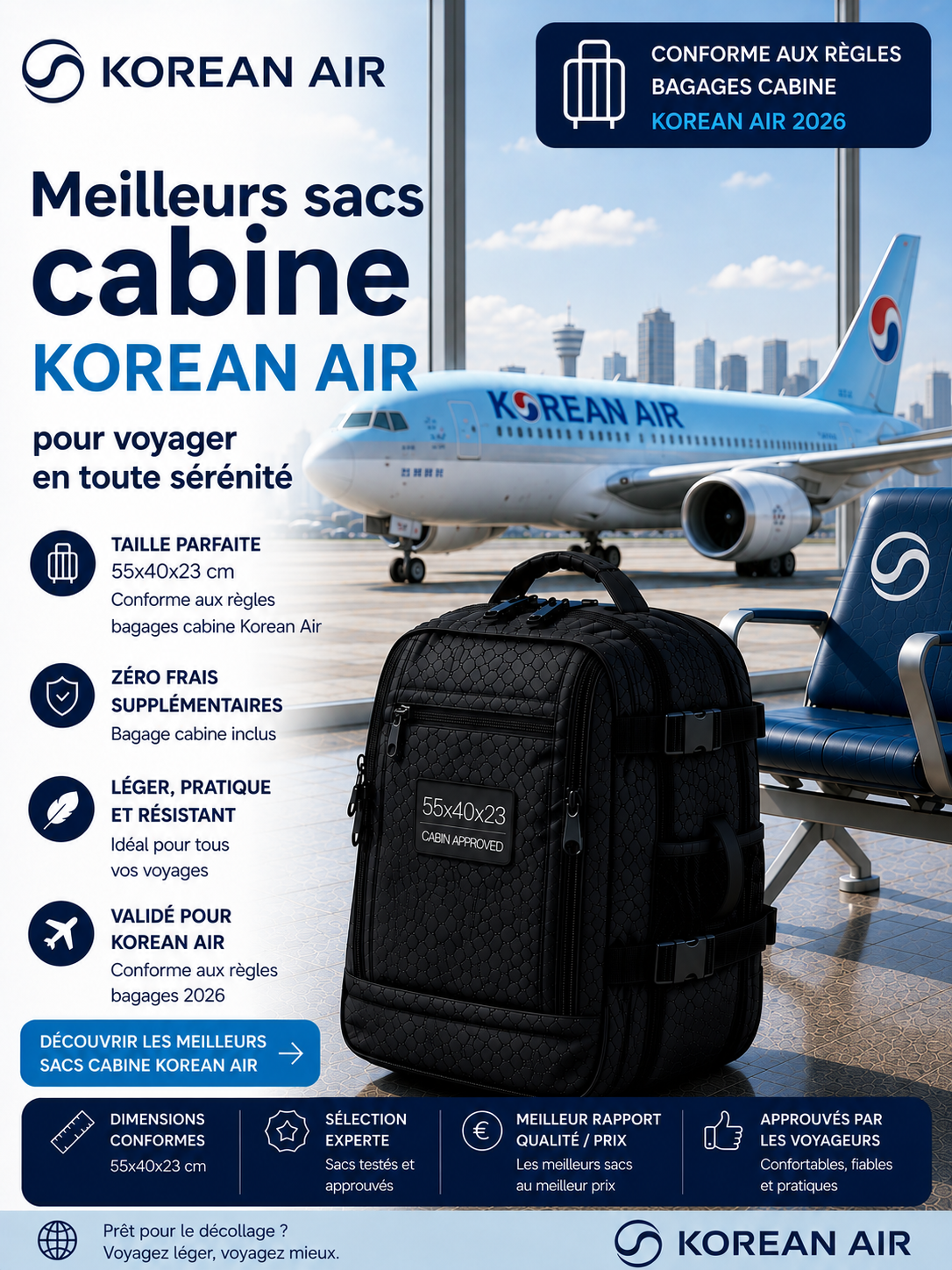 Bagage cabine Korean Air 2026 dimensions poids autorisé et sac cabine compatible
