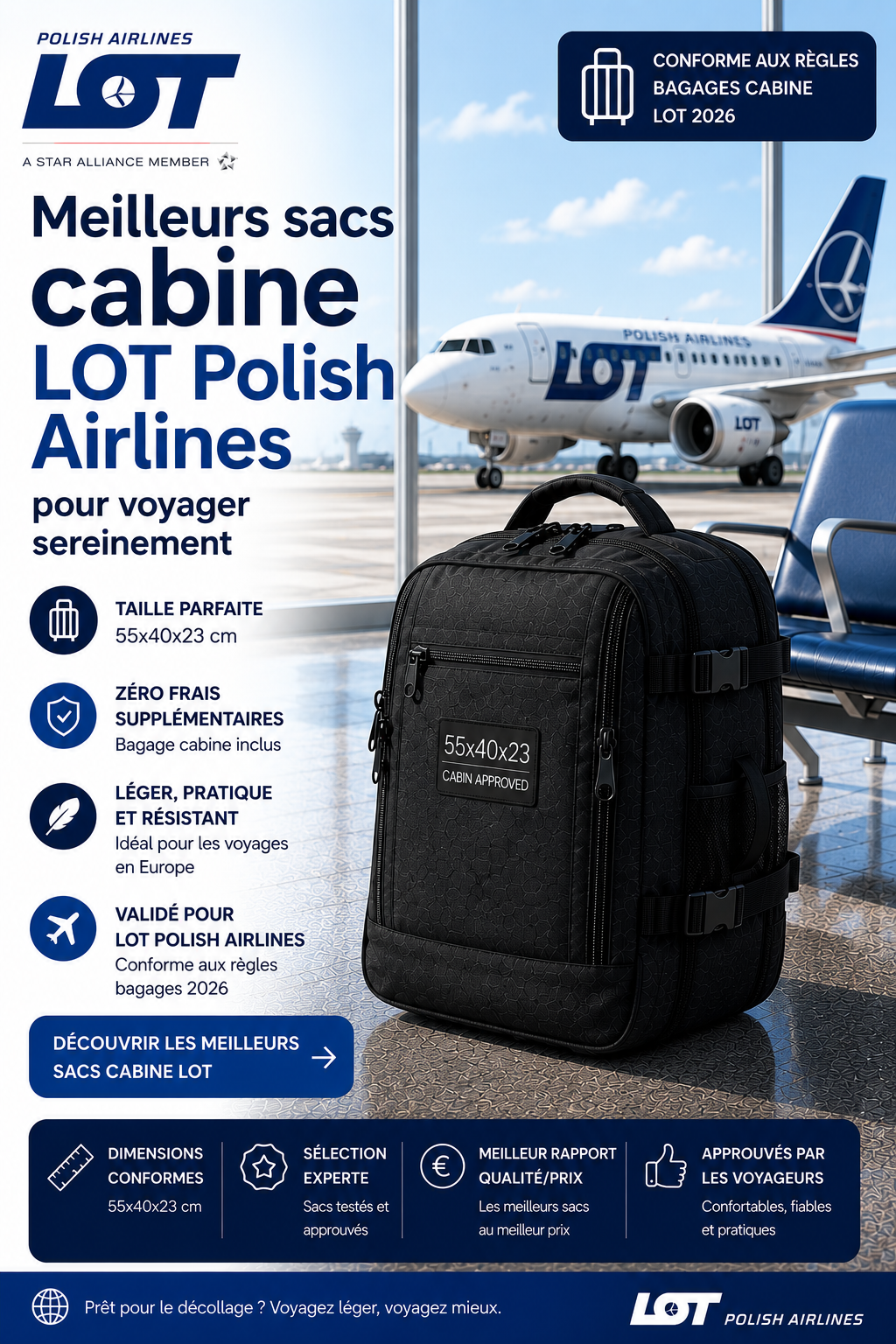 Sac cabine compatible LOT Polish Airlines dimensions 55x40x23 cm voyage cabine Pologne
