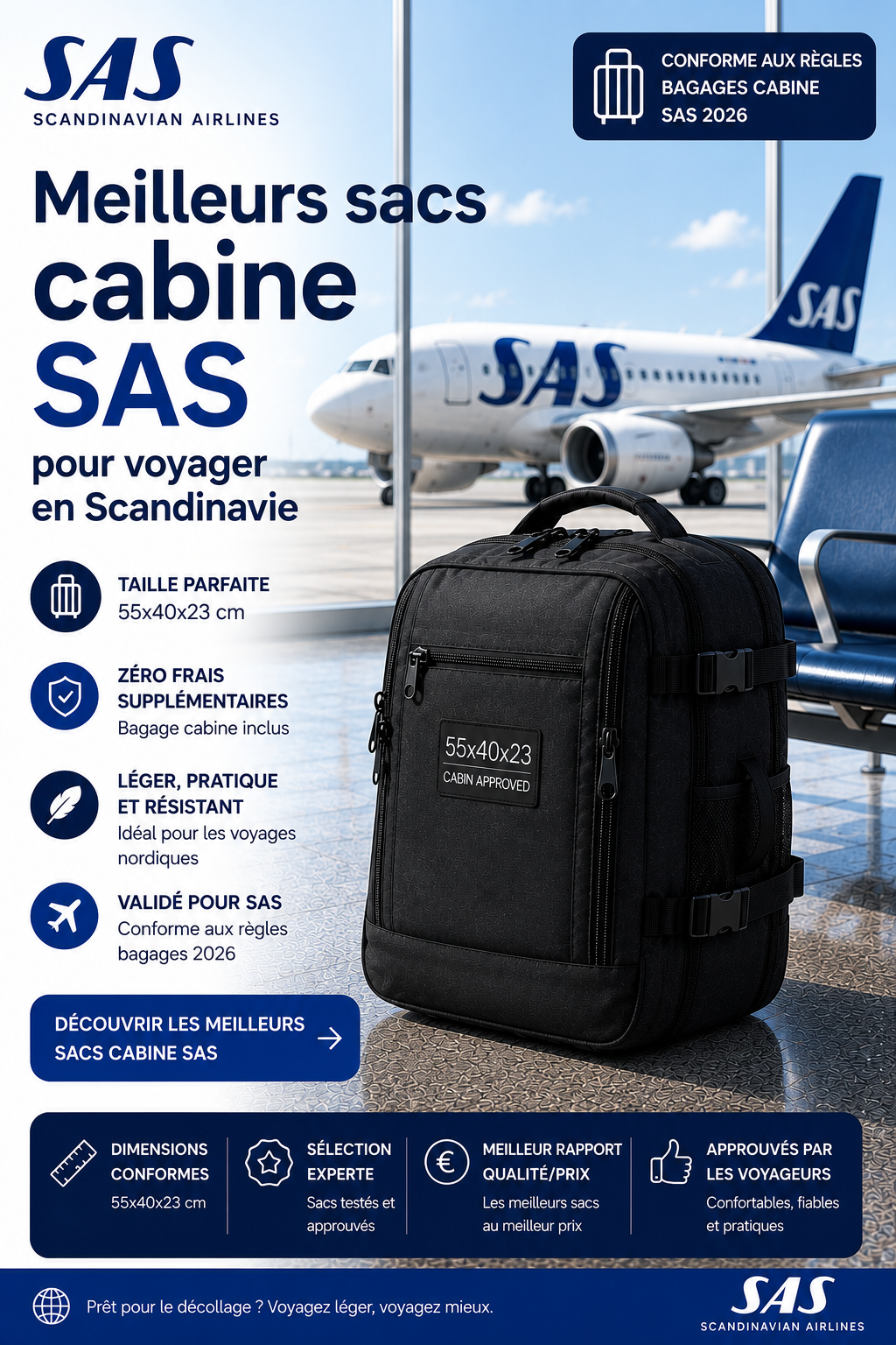 Sac cabine compatible SAS Scandinavian Airlines dimensions 55x40x23 cm