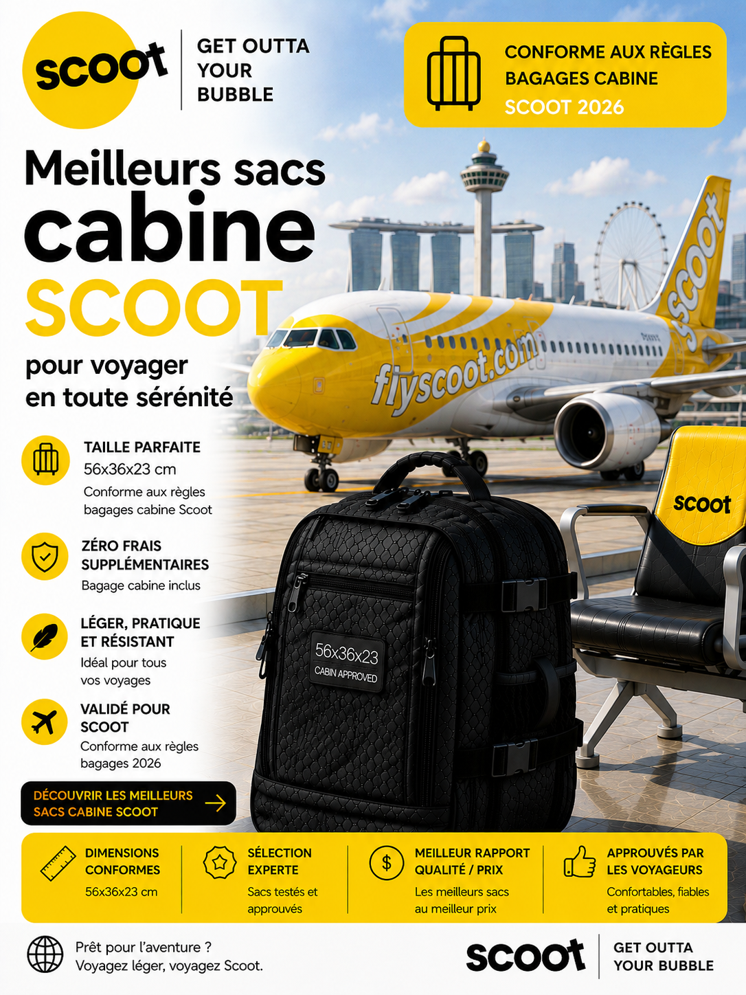 Bagage cabine Scoot 2026 dimensions poids autorisé et sac cabine compatible