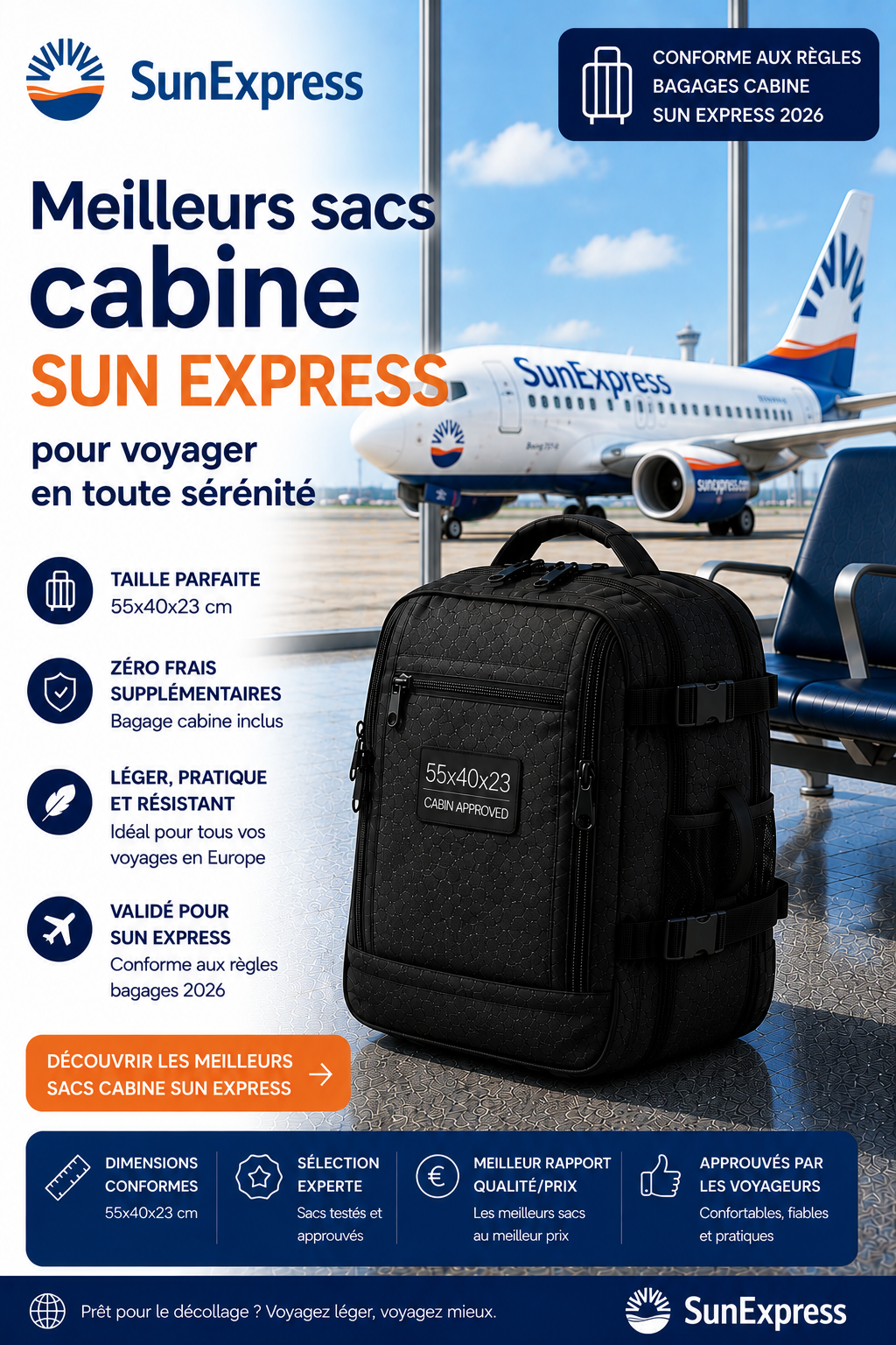 Sac cabine compatible SunExpress dimensions 55x40x23 cm voyage Turquie