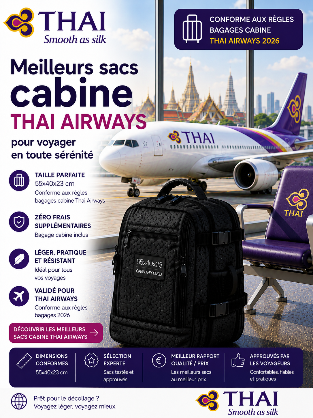 Bagage cabine Thai Airways 2026 dimensions poids autorisé et sac cabine compatible