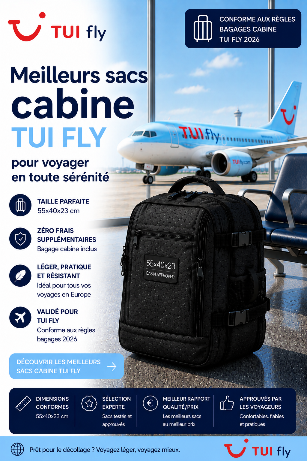 Sac cabine compatible TUI Fly dimensions 55x40x20 cm voyage vacances