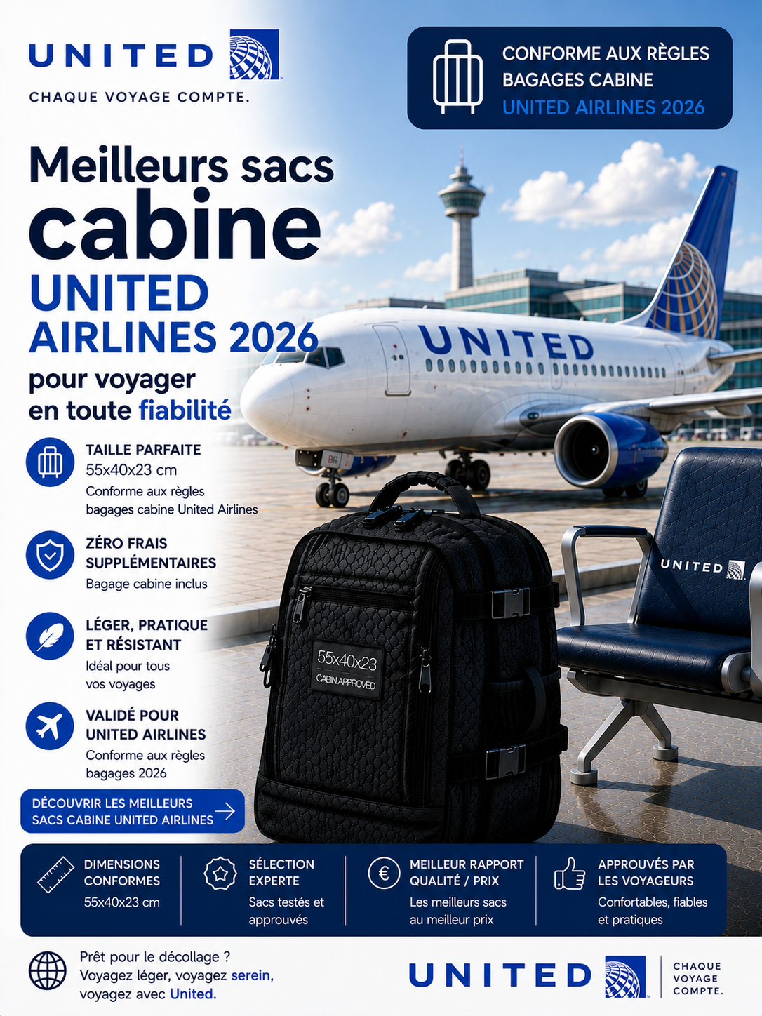 Sac cabine compatible United Airlines dimensions 56x35x22 cm voyage Etats Unis