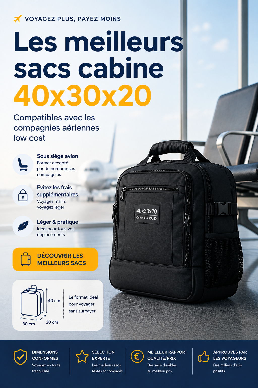 Sac cabine 40x30x20 compatible avion low cost