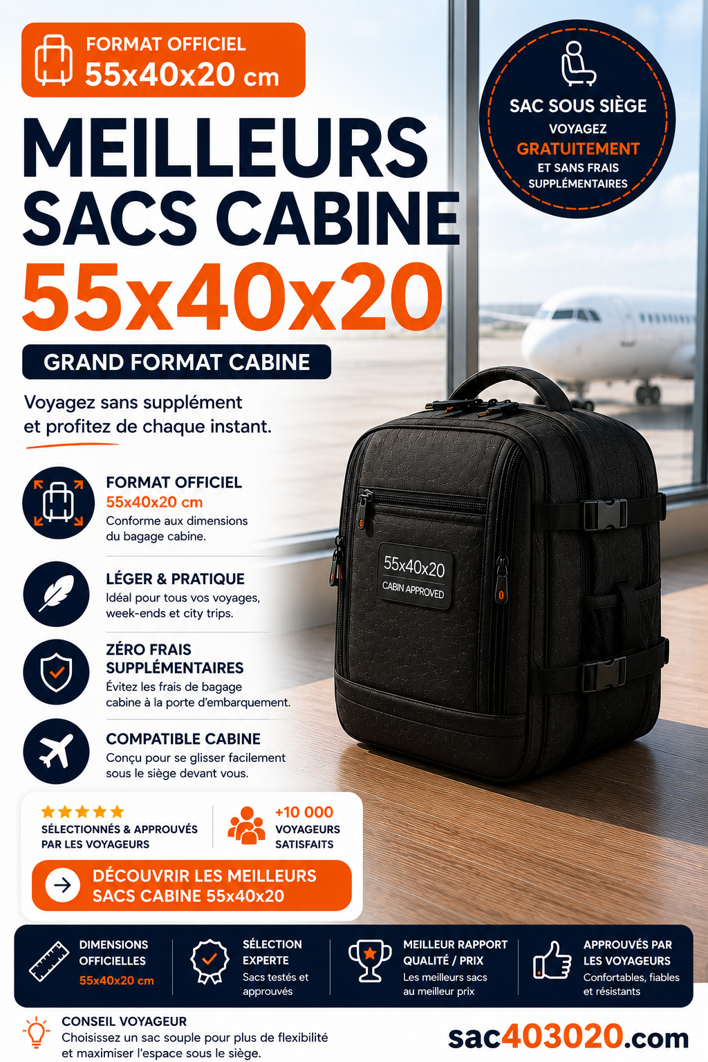Sac cabine 55x40x20 compatible avion