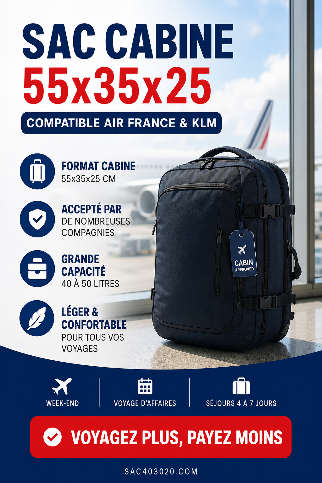 Sac cabine 55x35x25 compatible Air France