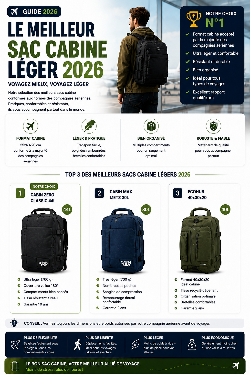 Sac cabine léger compatible avion