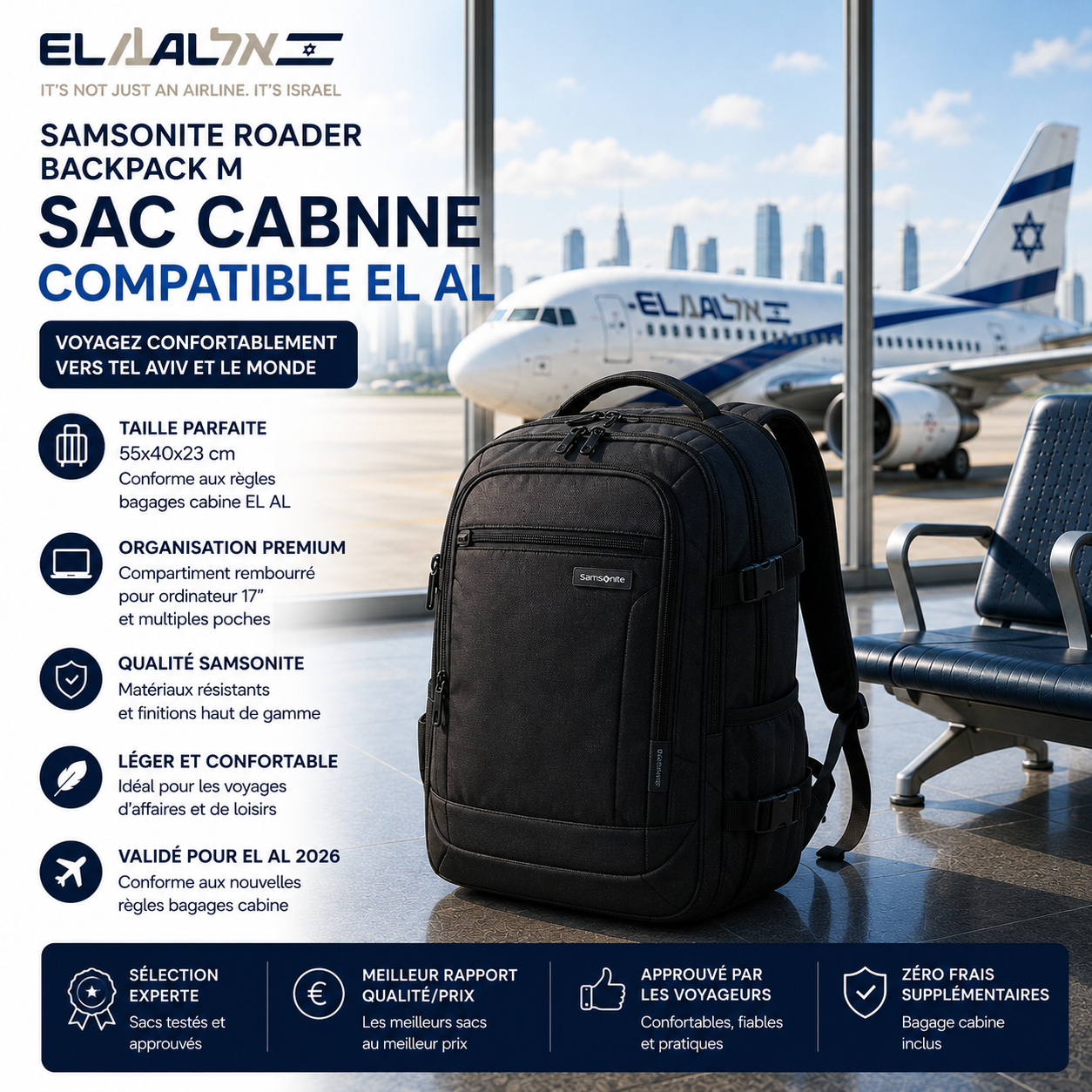 Samsonite Roader Backpack M sac cabine compatible El Al