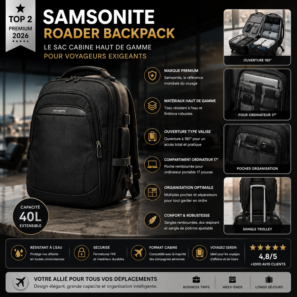 Samsonite Roader Backpack sac cabine premium voyage avion