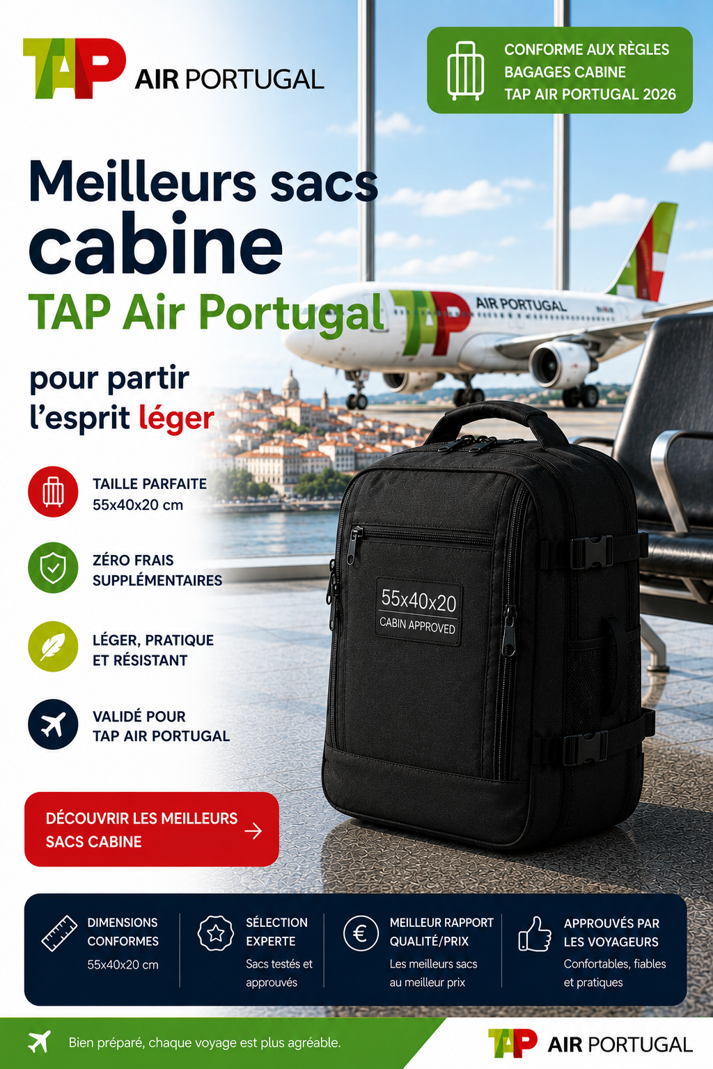 Sac cabine compatible TAP Air Portugal dimensions 55x40x20 cm voyage cabine Portugal