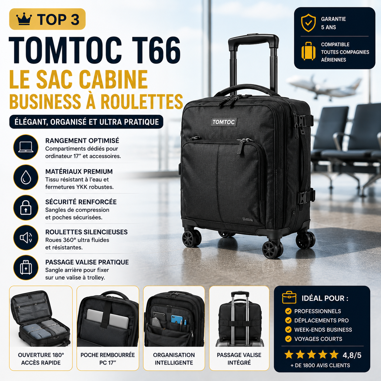 Tomtoc T66 sac cabine business avion
