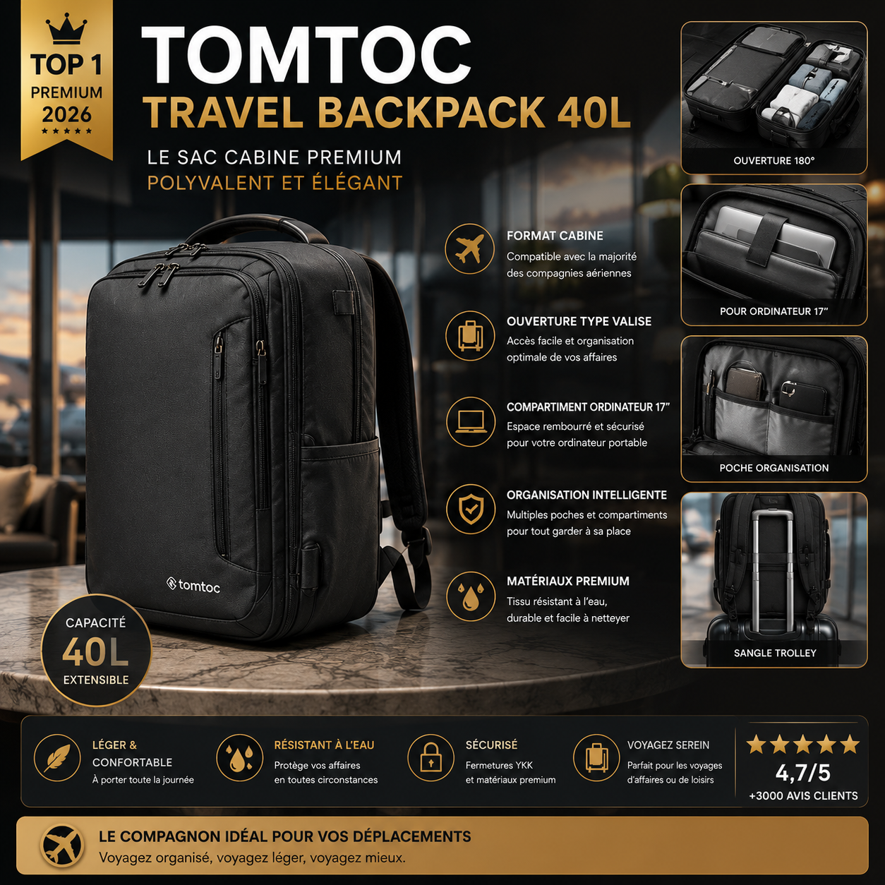 Tomtoc Travel Backpack sac cabine premium avion