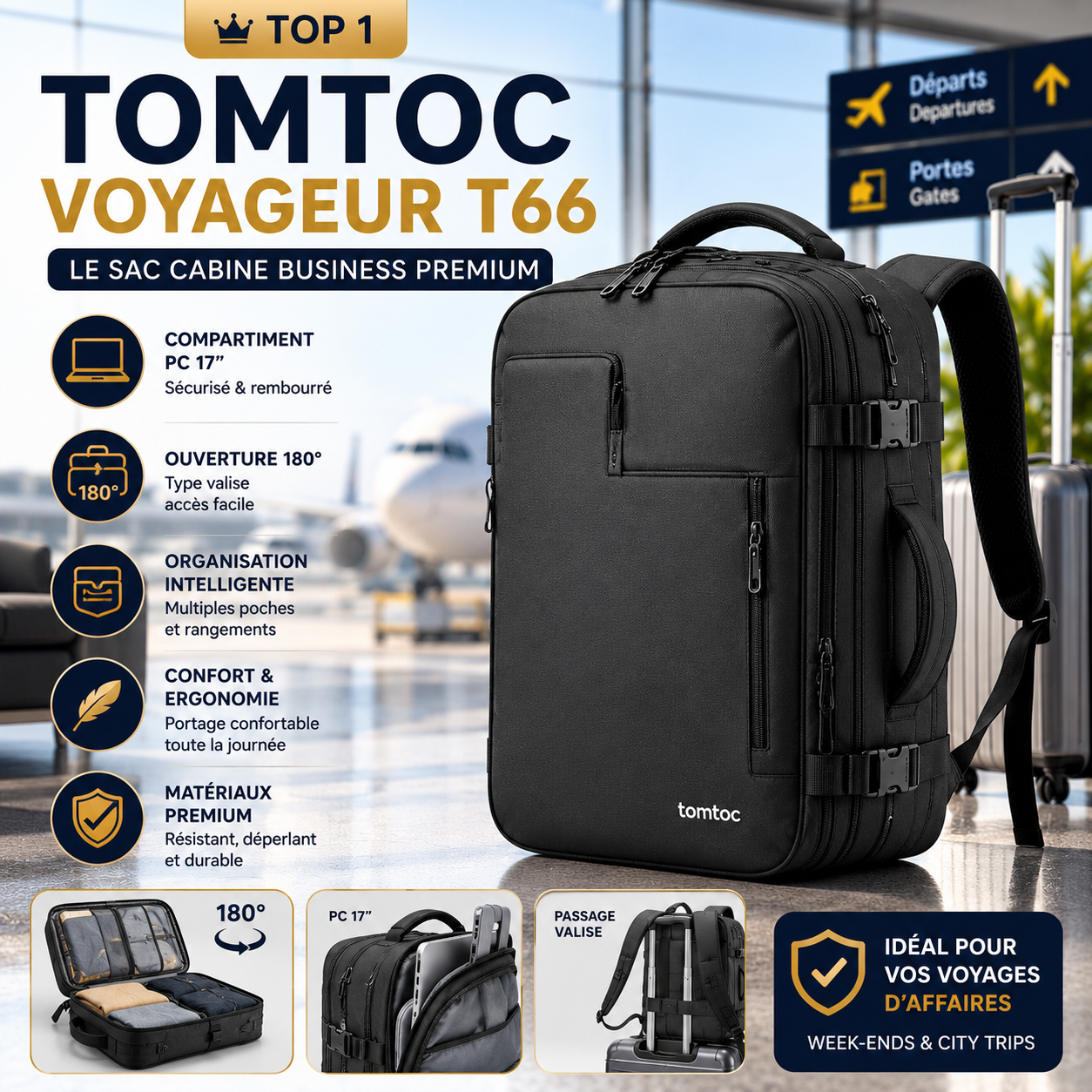 Tomtoc voyageur T66 sac cabine business avion
