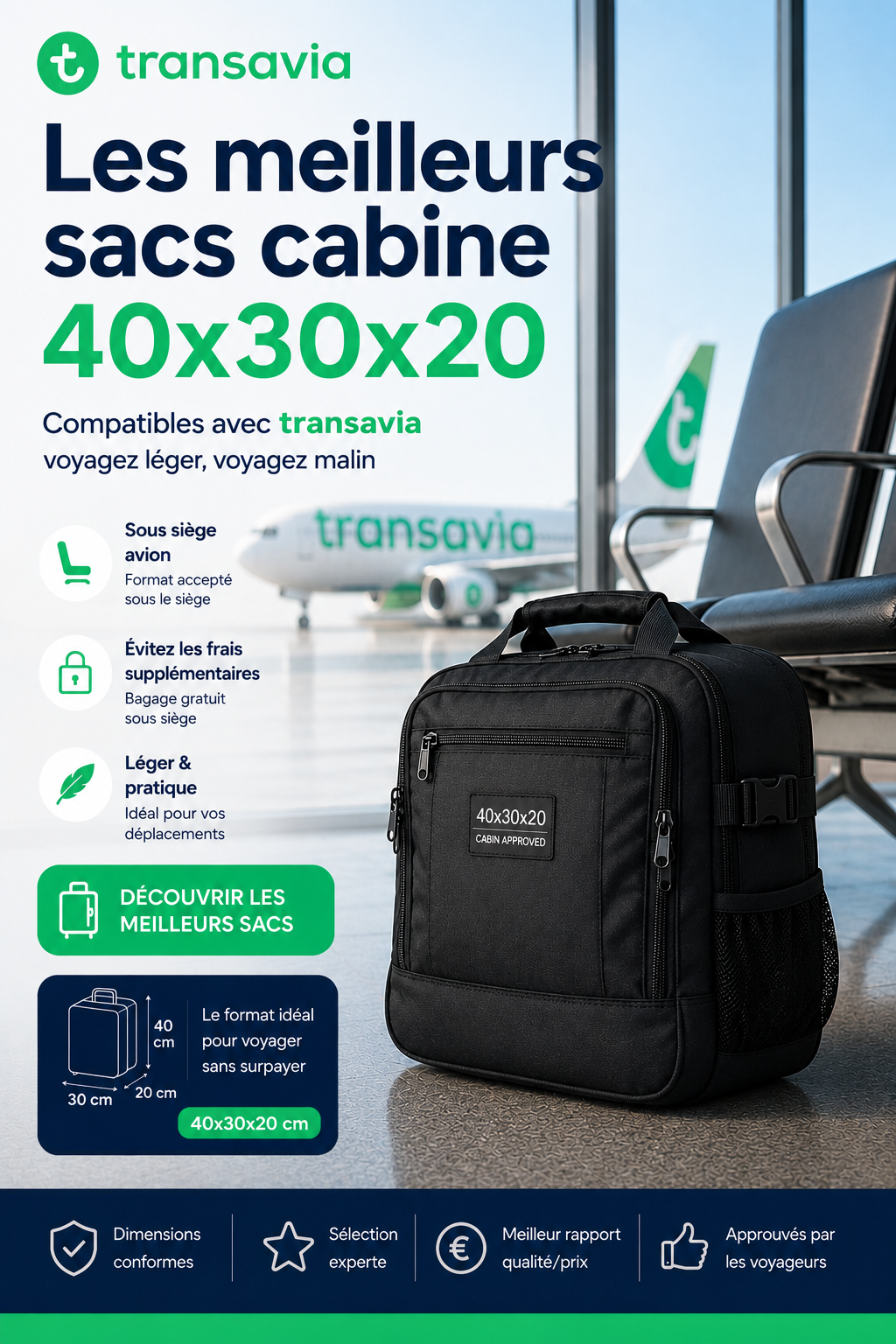 Sac cabine Transavia 40x30x20 compatible sous siège avion