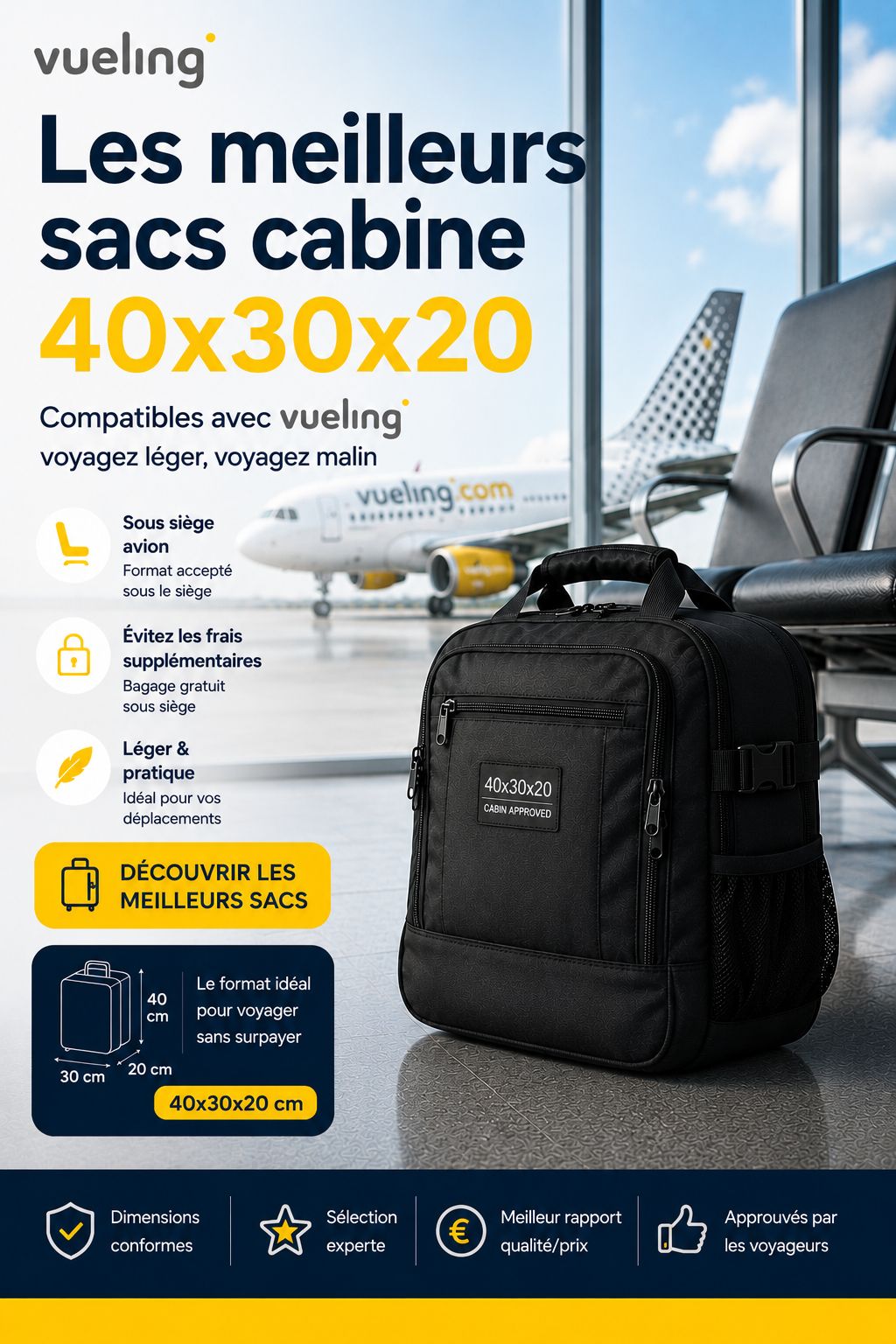 Sac cabine Vueling 40x30x20 compatible sous siège avion