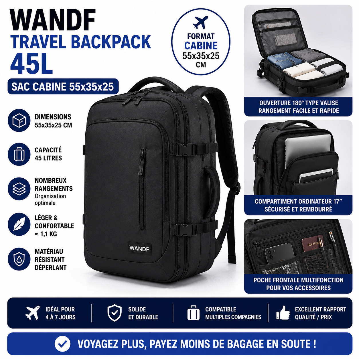 WANDF Travel Backpack 45L sac cabine 55x35x25
