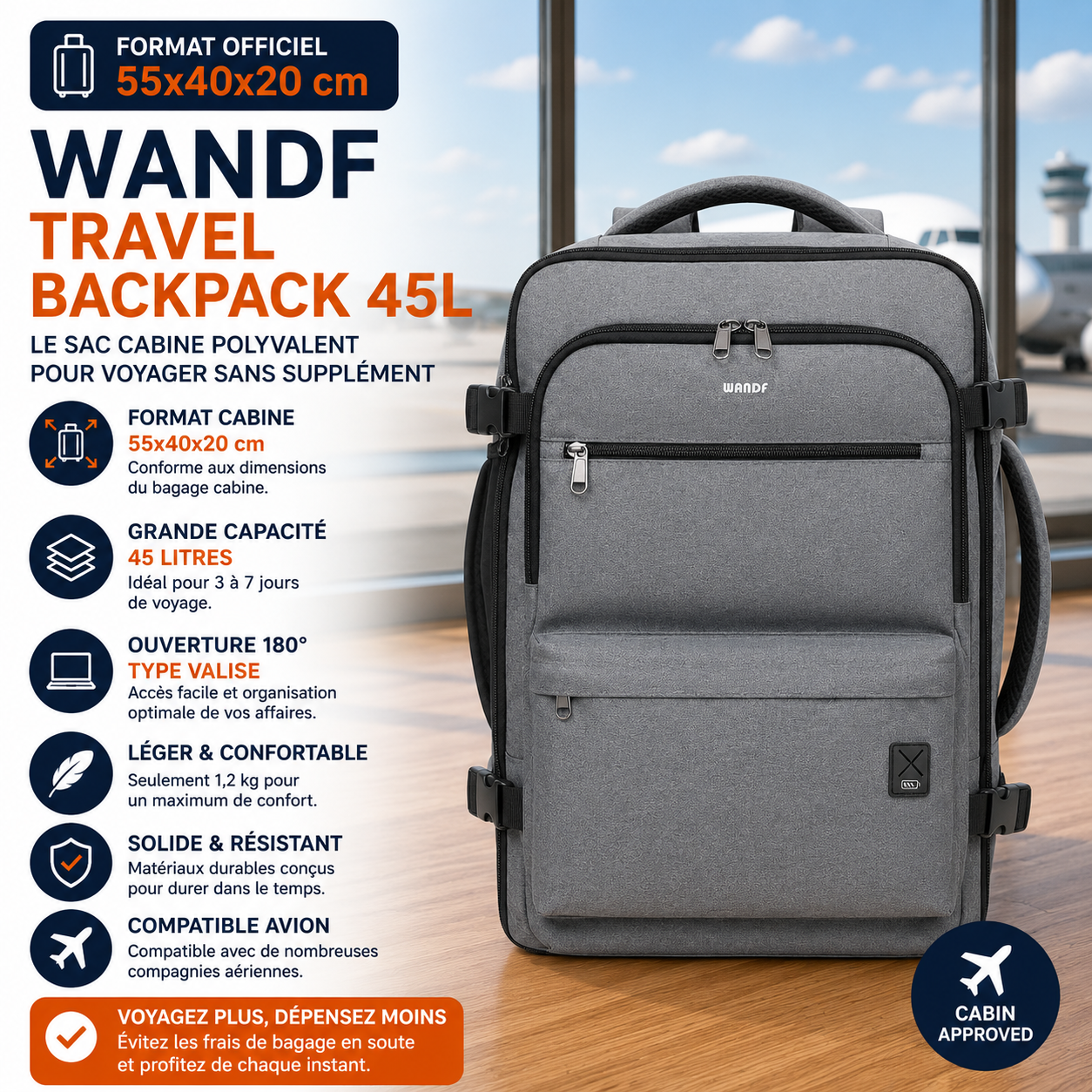 WANDF Travel Backpack 45L sac cabine 55x40x20