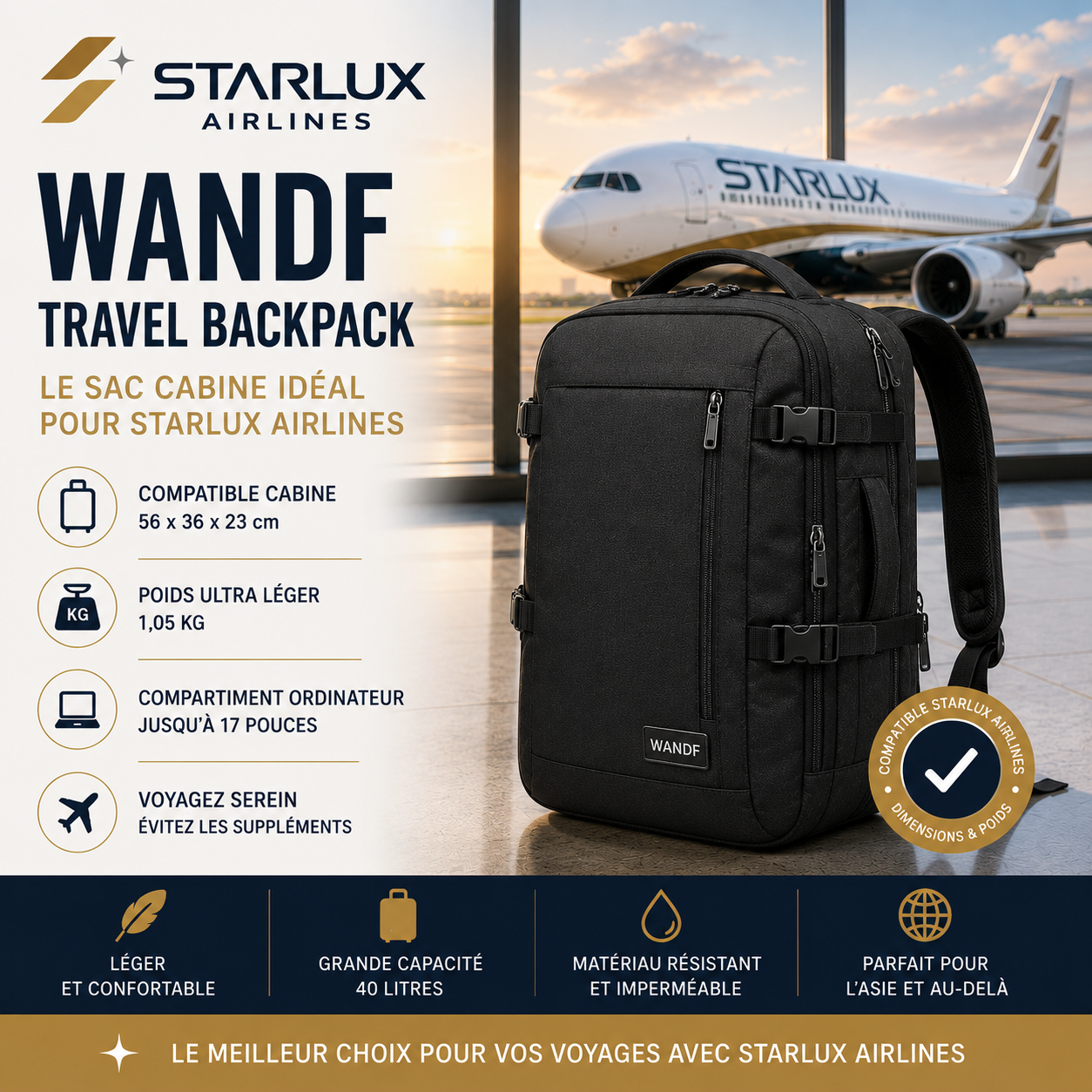 WANDF Travel Backpack sac cabine STARLUX Airlines