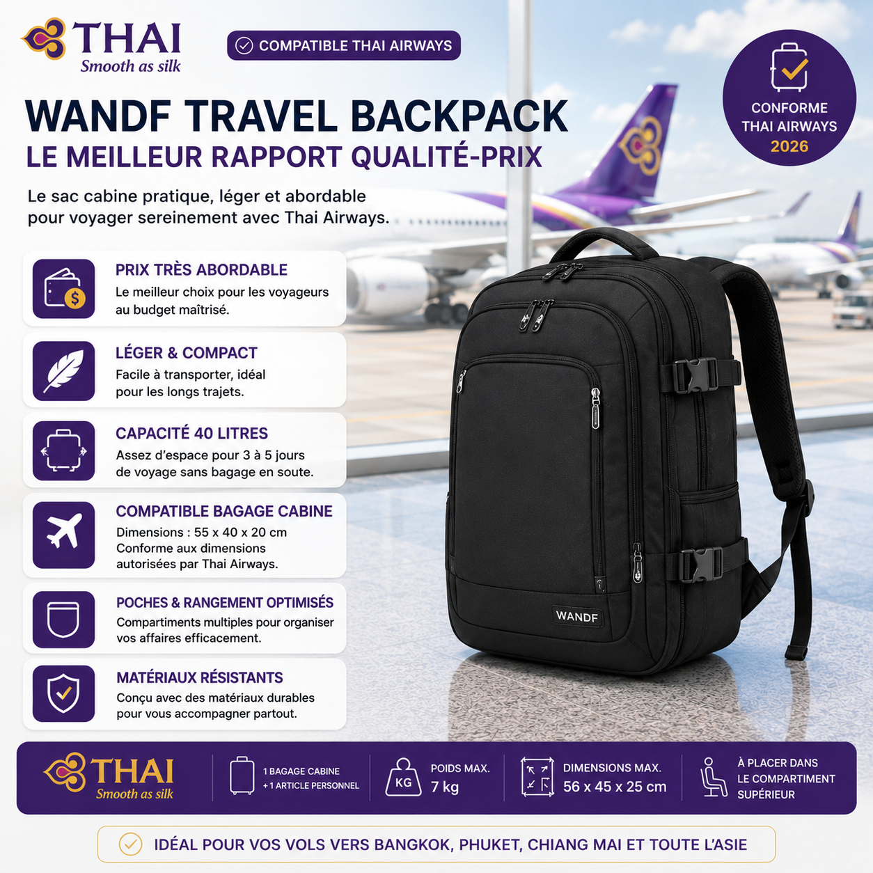 WANDF Travel Backpack sac cabine Thai Airways