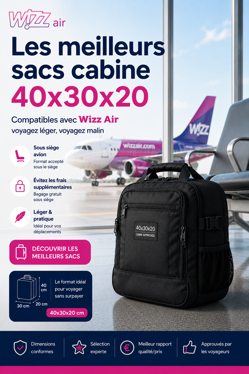 Sac cabine Wizz Air 40x30x20 compatible sous siège avion
