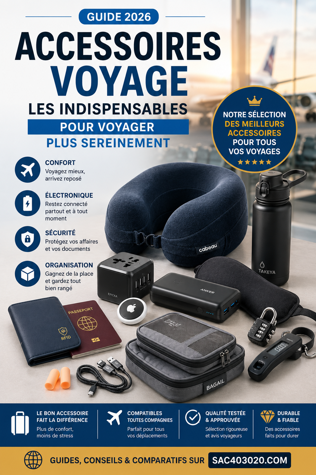 Meilleurs accessoires voyage premium 2026 avec casque antibruit, batterie externe, AirTag, adaptateur universel, cubes de rangement et accessoires cabine haut de gamme