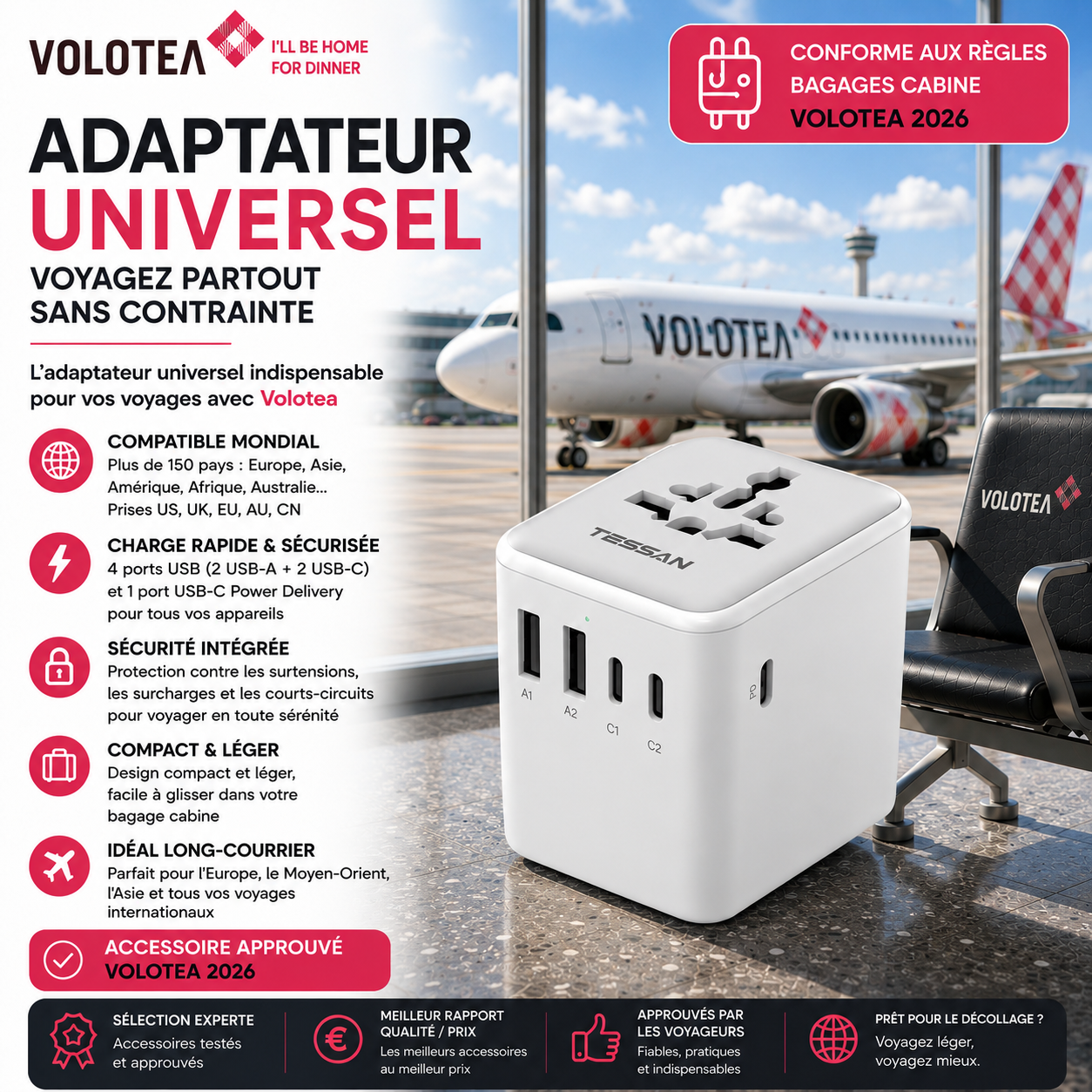 Adaptateur universel pour voyager avec Volotea