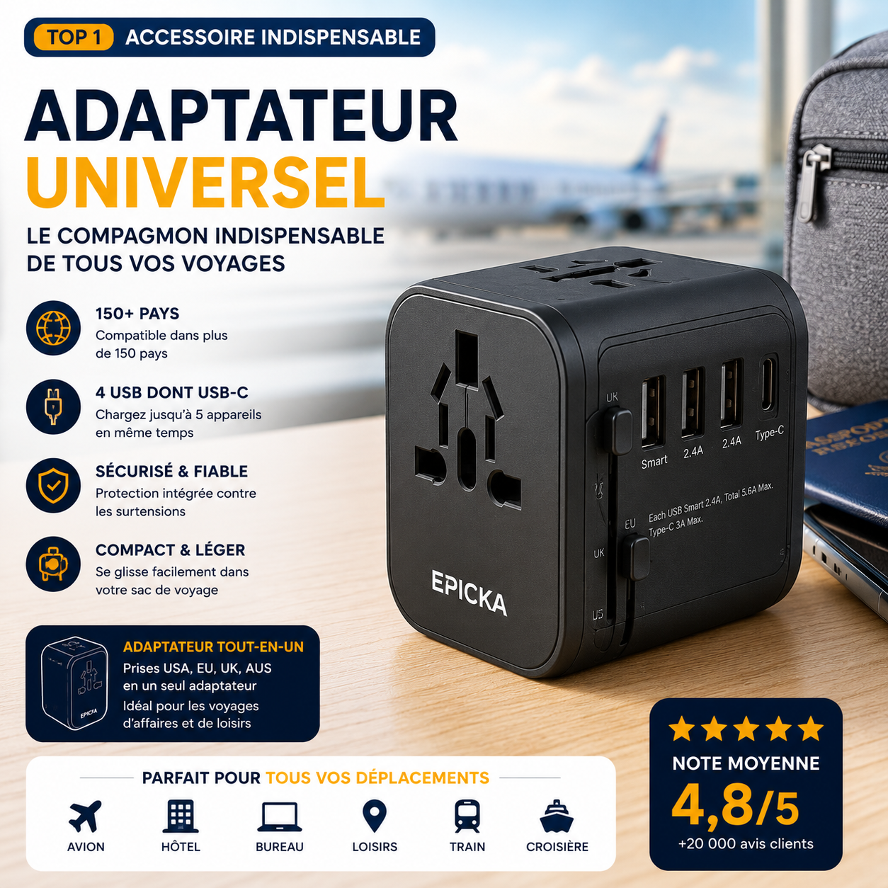 Adaptateur universel de voyage compatible Vueling