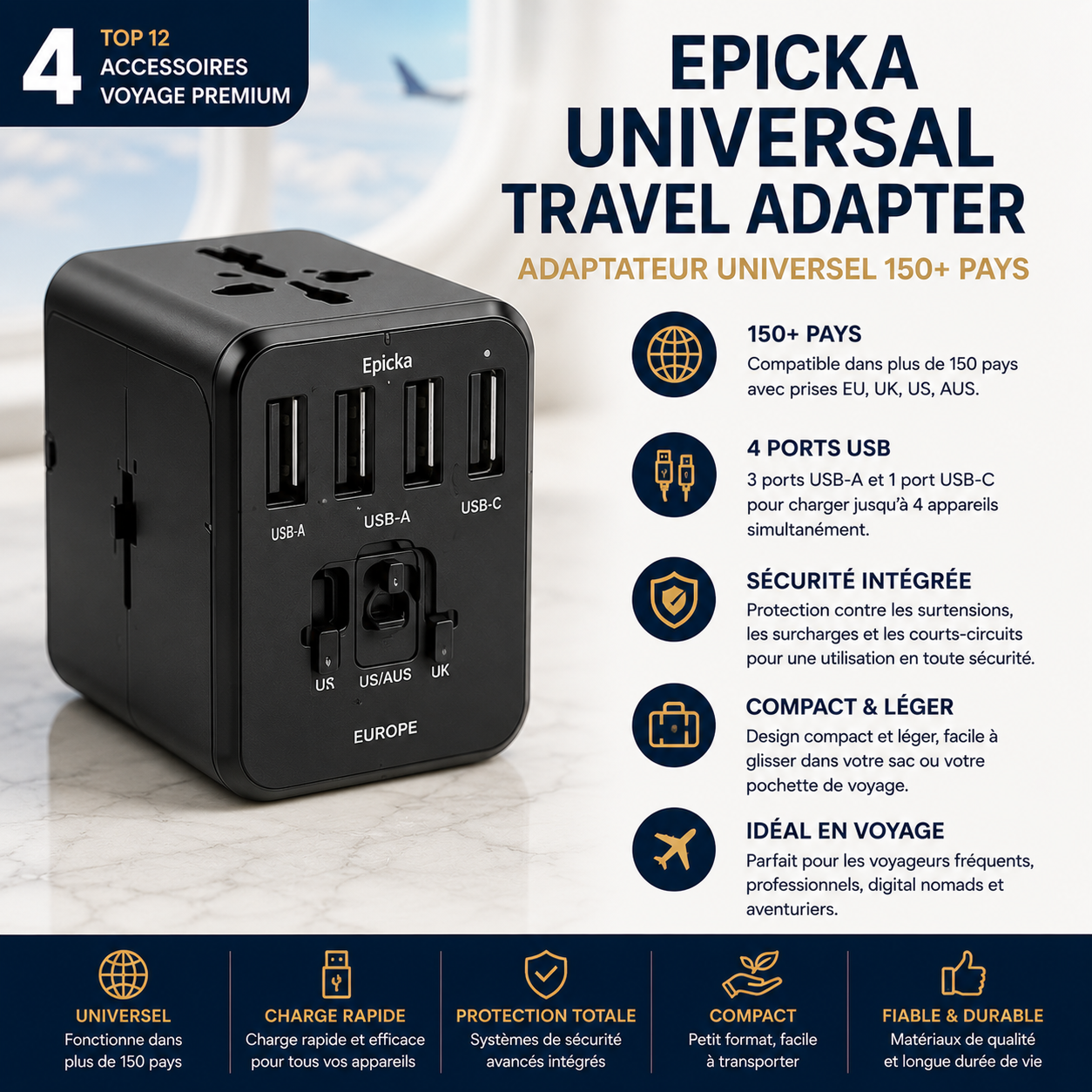Adaptateur universel de voyage compatible avec plus de 150 pays