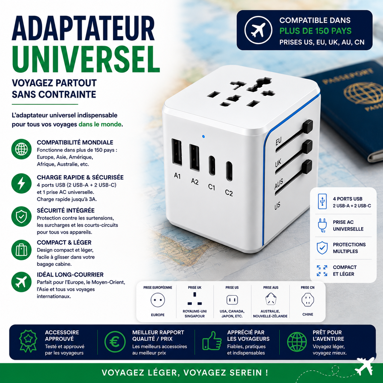Adaptateur de voyage universel avec prises internationales et ports USB pour voyager dans le monde entier