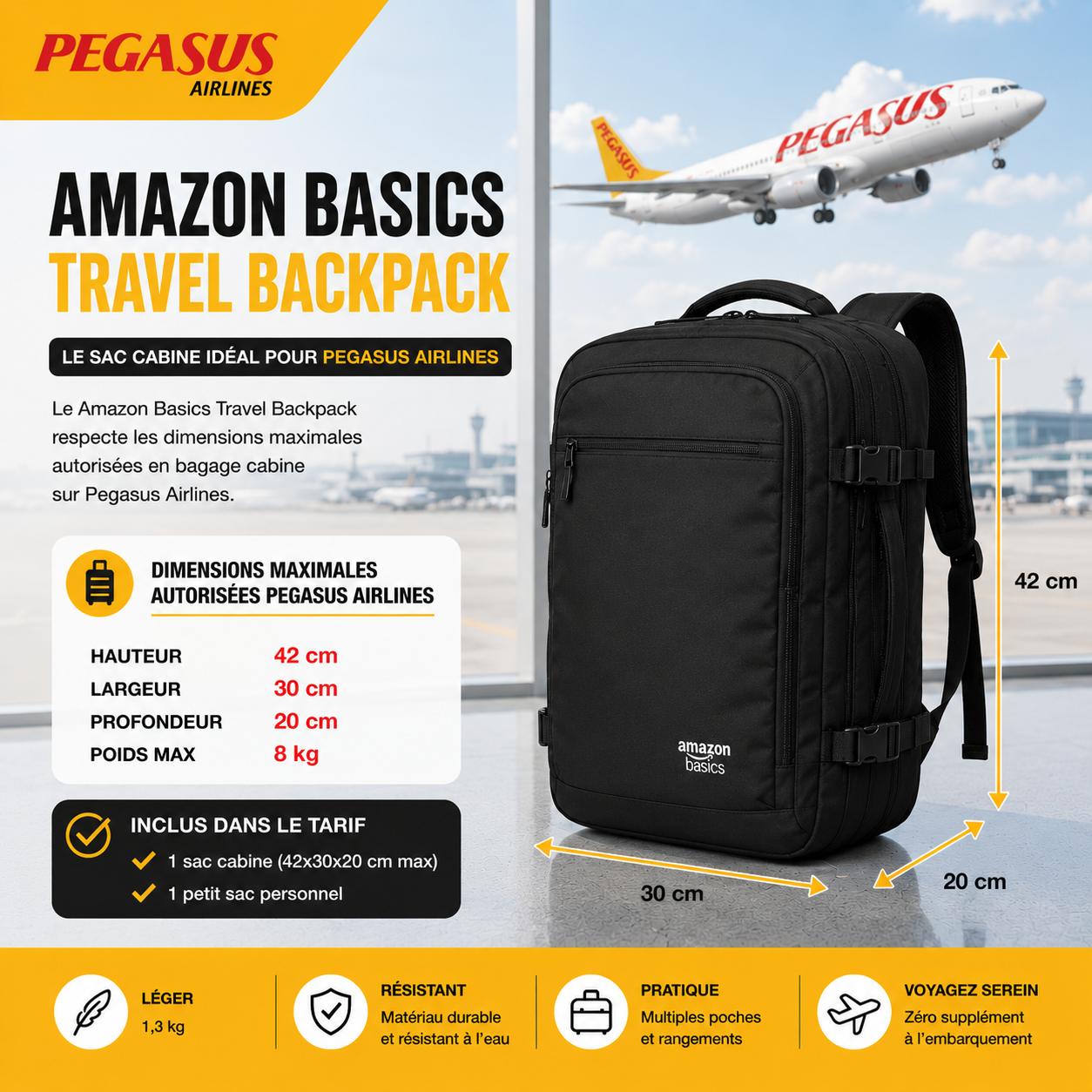 Amazon Basics Travel Backpack compatible Pegasus Airlines