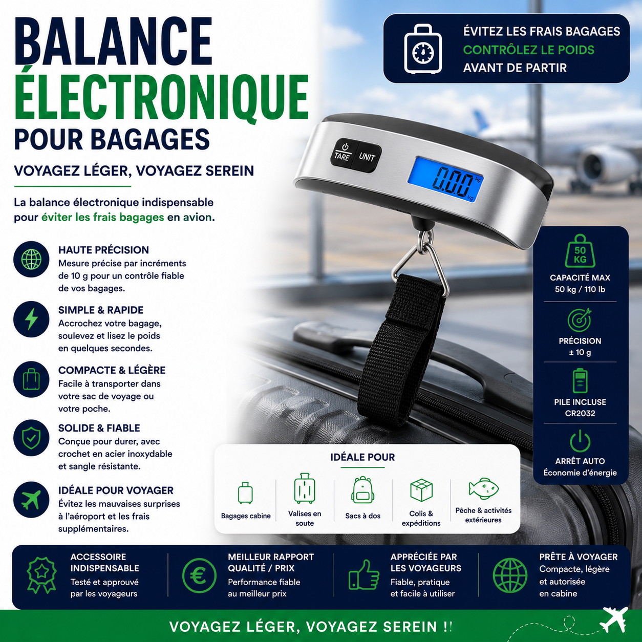 Balance électronique pour bagages permettant de contrôler le poids des valises avant le départ