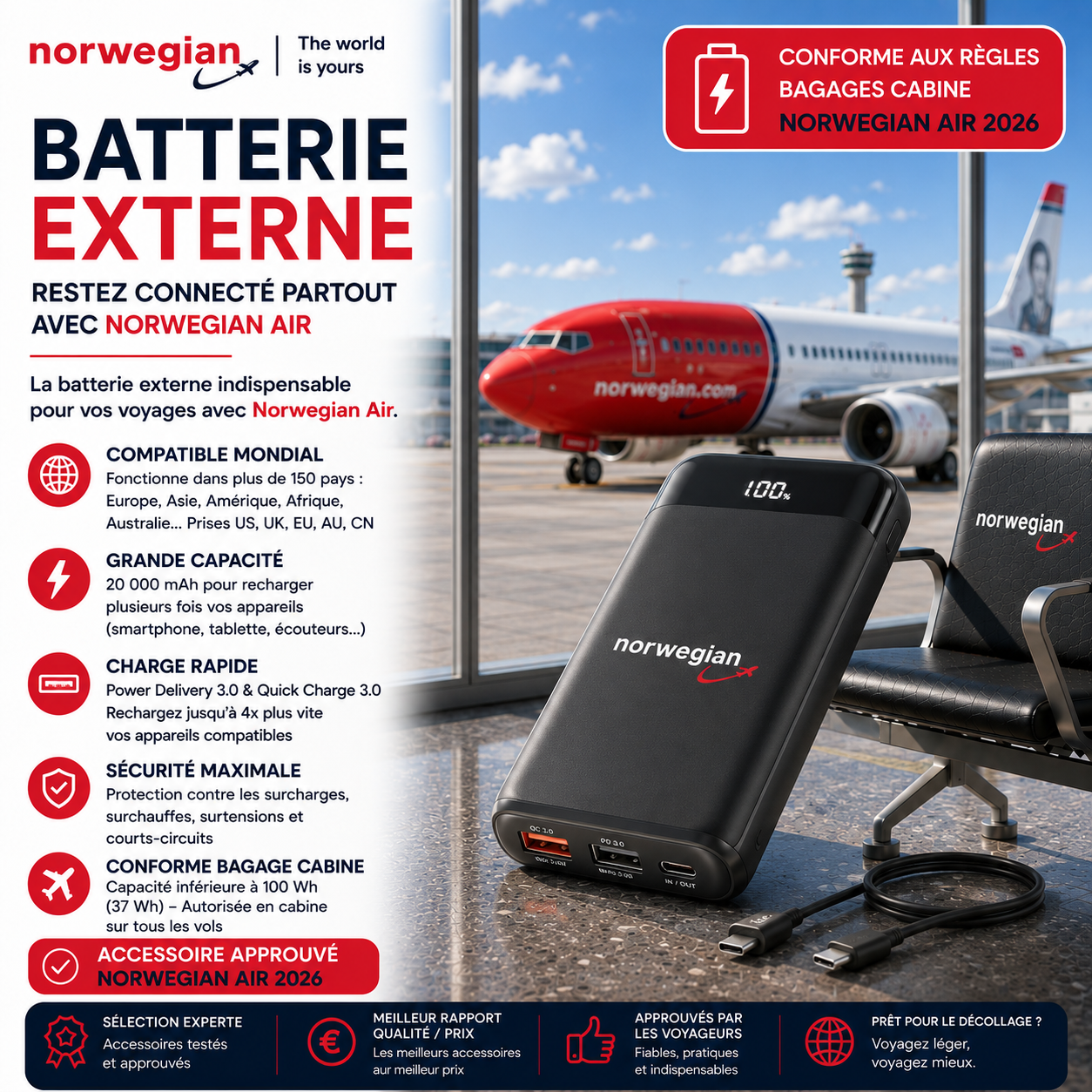 Batterie externe avion Norwegian Air