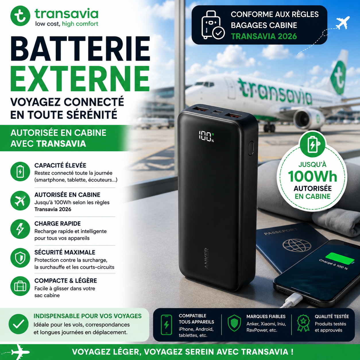 Batterie externe avion Transavia