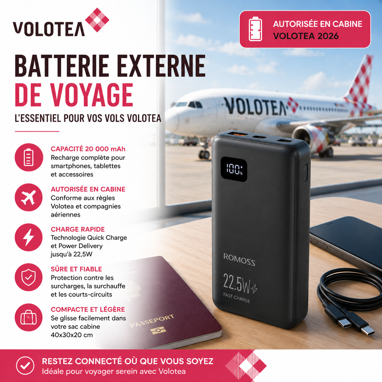 Batterie externe pour voyager avec Volotea