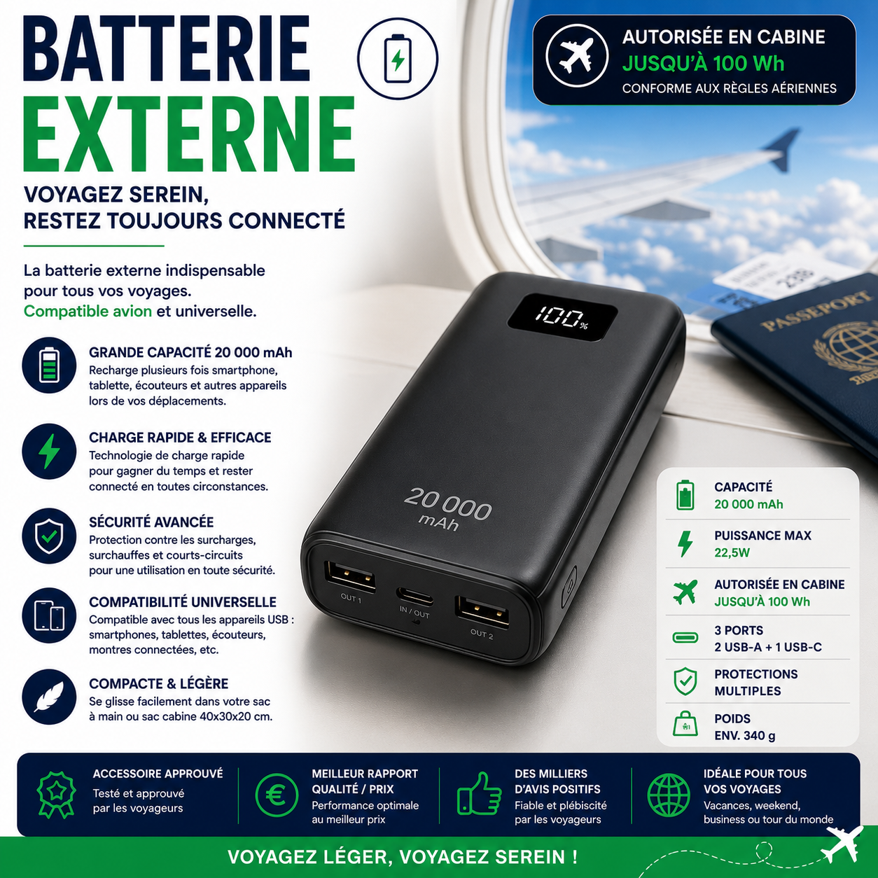 Batterie externe de voyage compatible avion pour recharger smartphone tablette et appareils électroniques