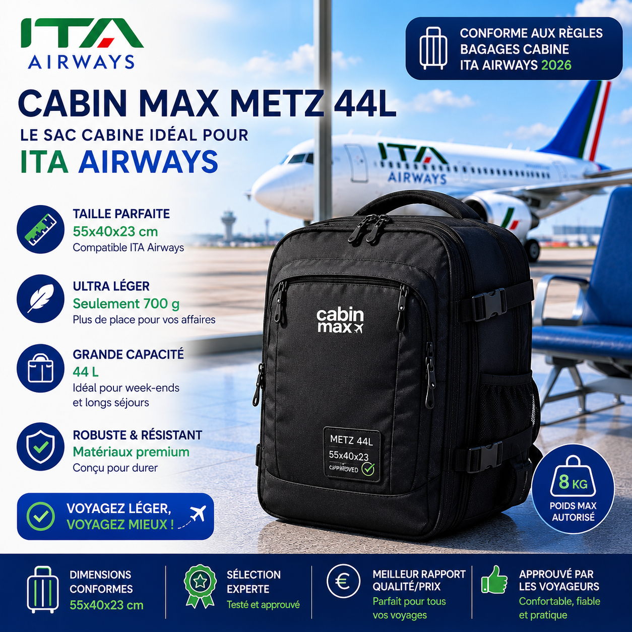 Cabin Max Metz 44L sac cabine compatible ITA Airways