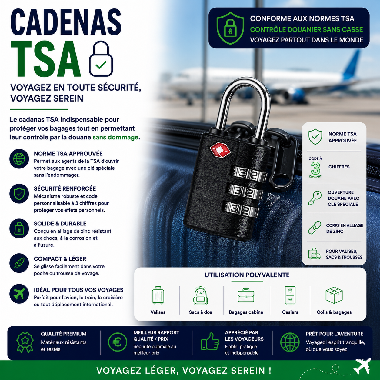 Cadenas TSA homologué pour protéger les bagages pendant les voyages en avion