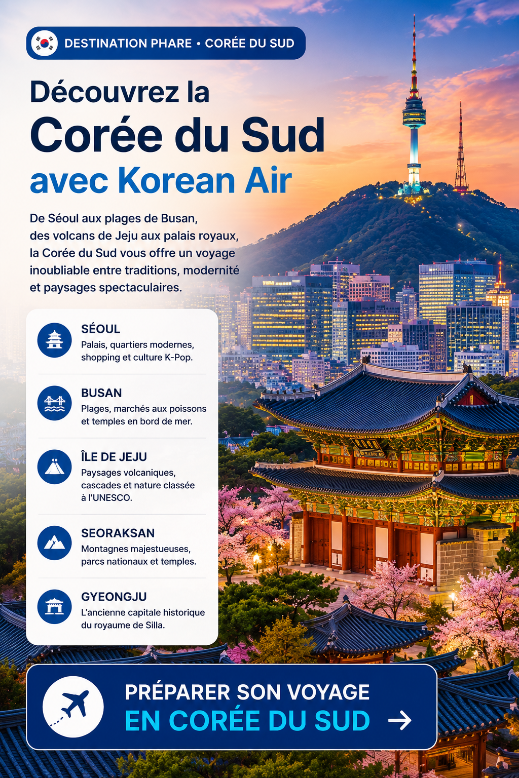 Vue panoramique de Séoul en Corée du Sud destination phare desservie par Korean Air
