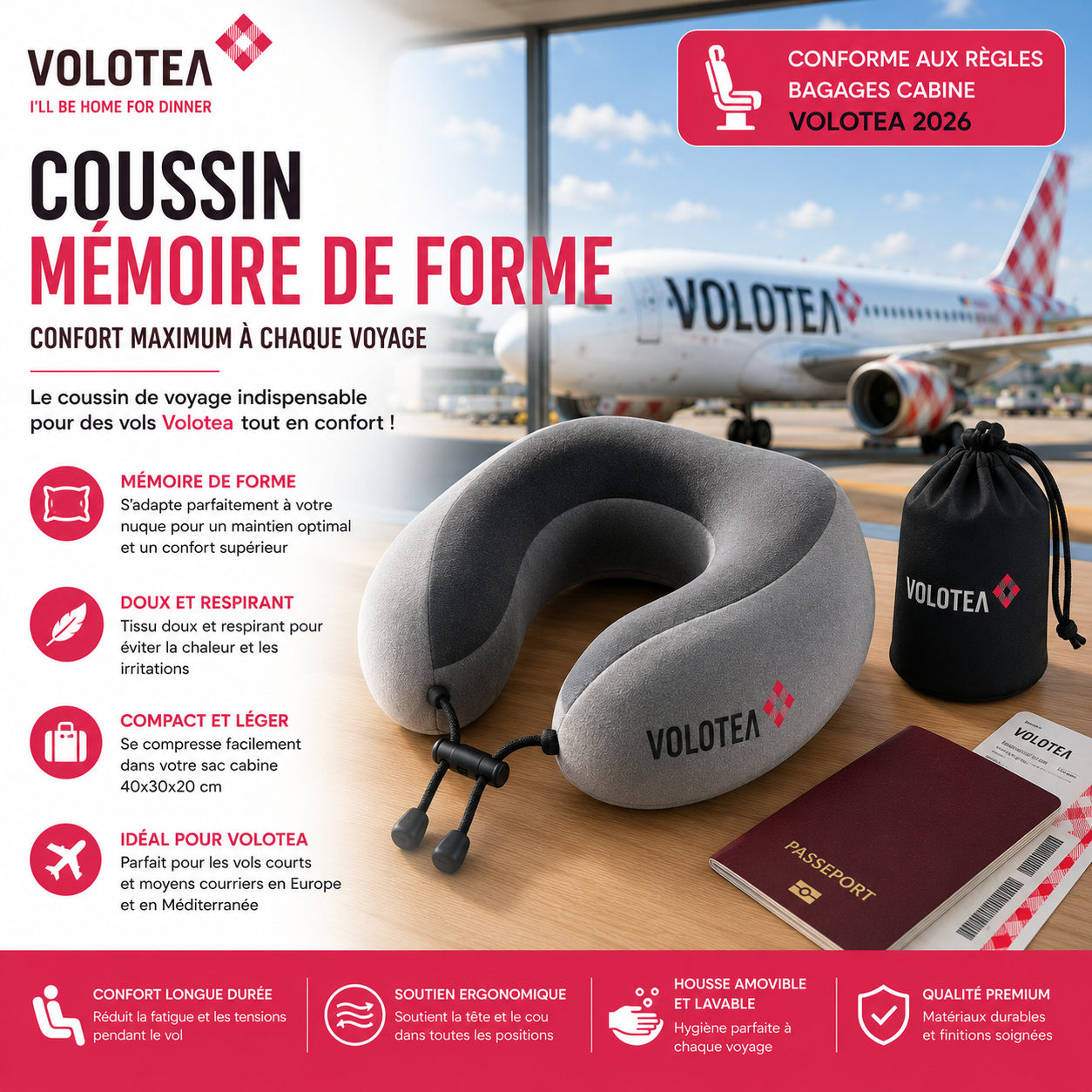 Oreiller mémoire de forme pour voyager avec Volotea