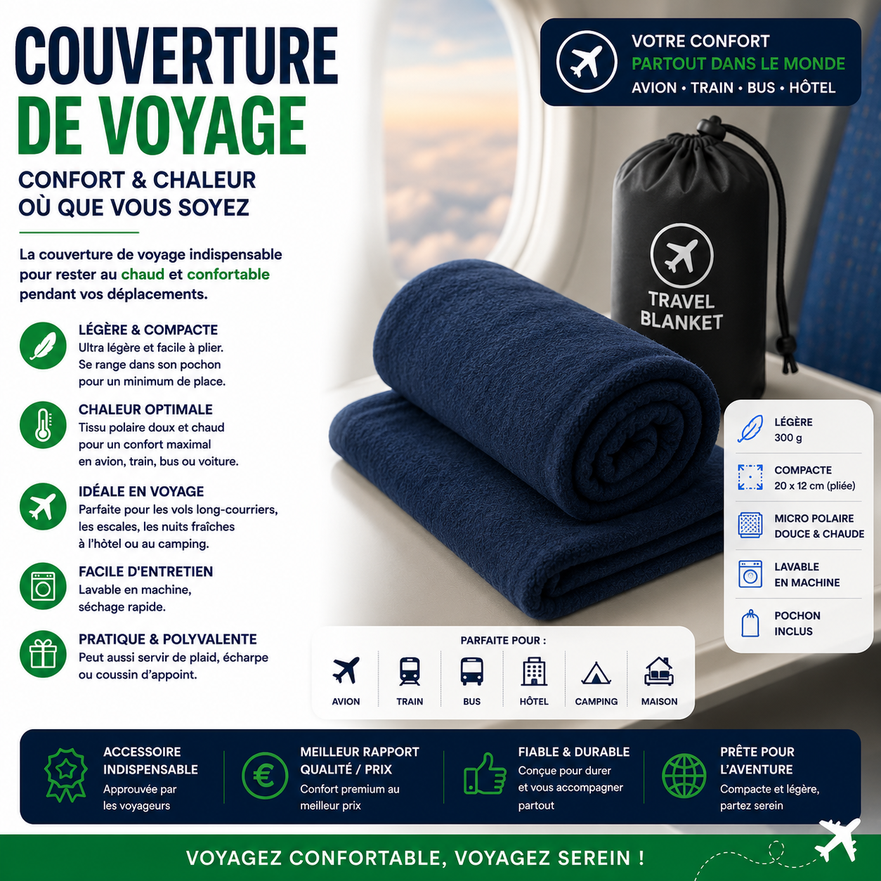 Couverture de voyage compacte et légère pour rester au chaud pendant les vols en avion