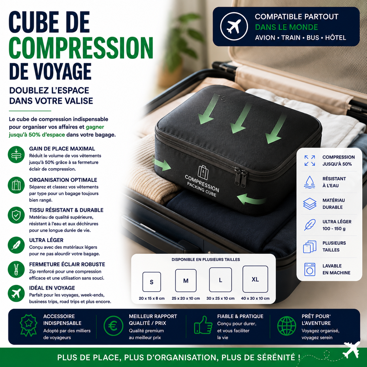 Sac de compression pour vêtements permettant de gagner de la place dans une valise ou un sac cabine