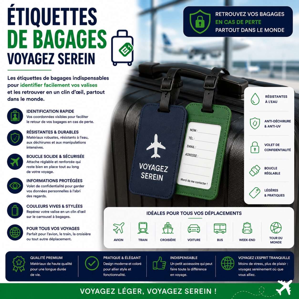Étiquettes de bagages résistantes pour identifier facilement une valise en voyage