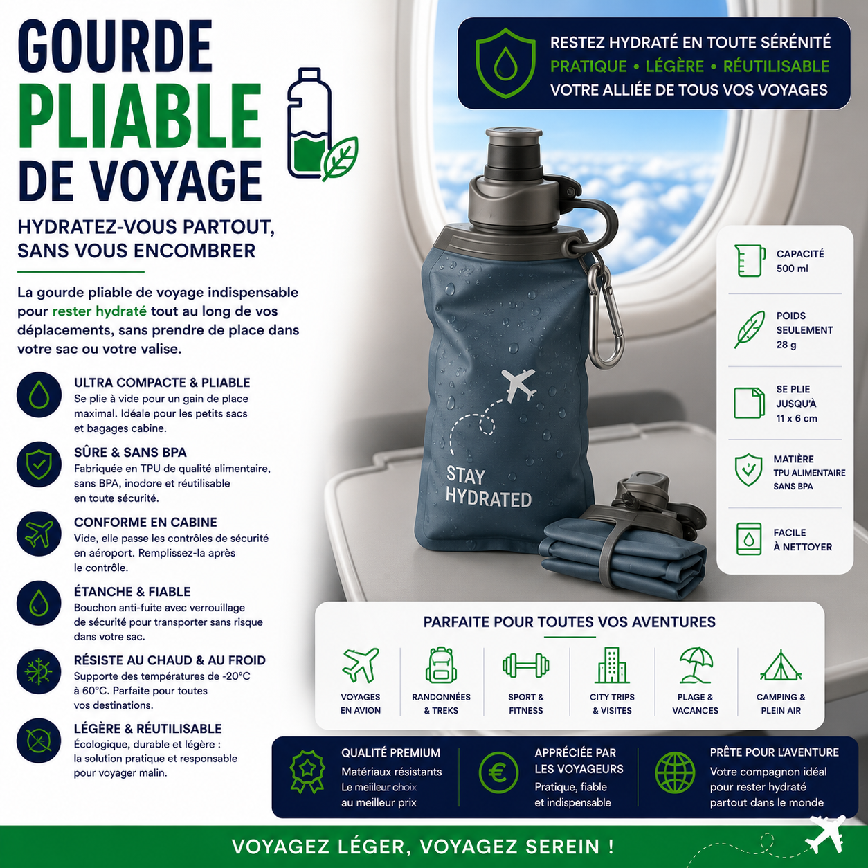Gourde pliable de voyage légère réutilisable et idéale pour les déplacements en avion
