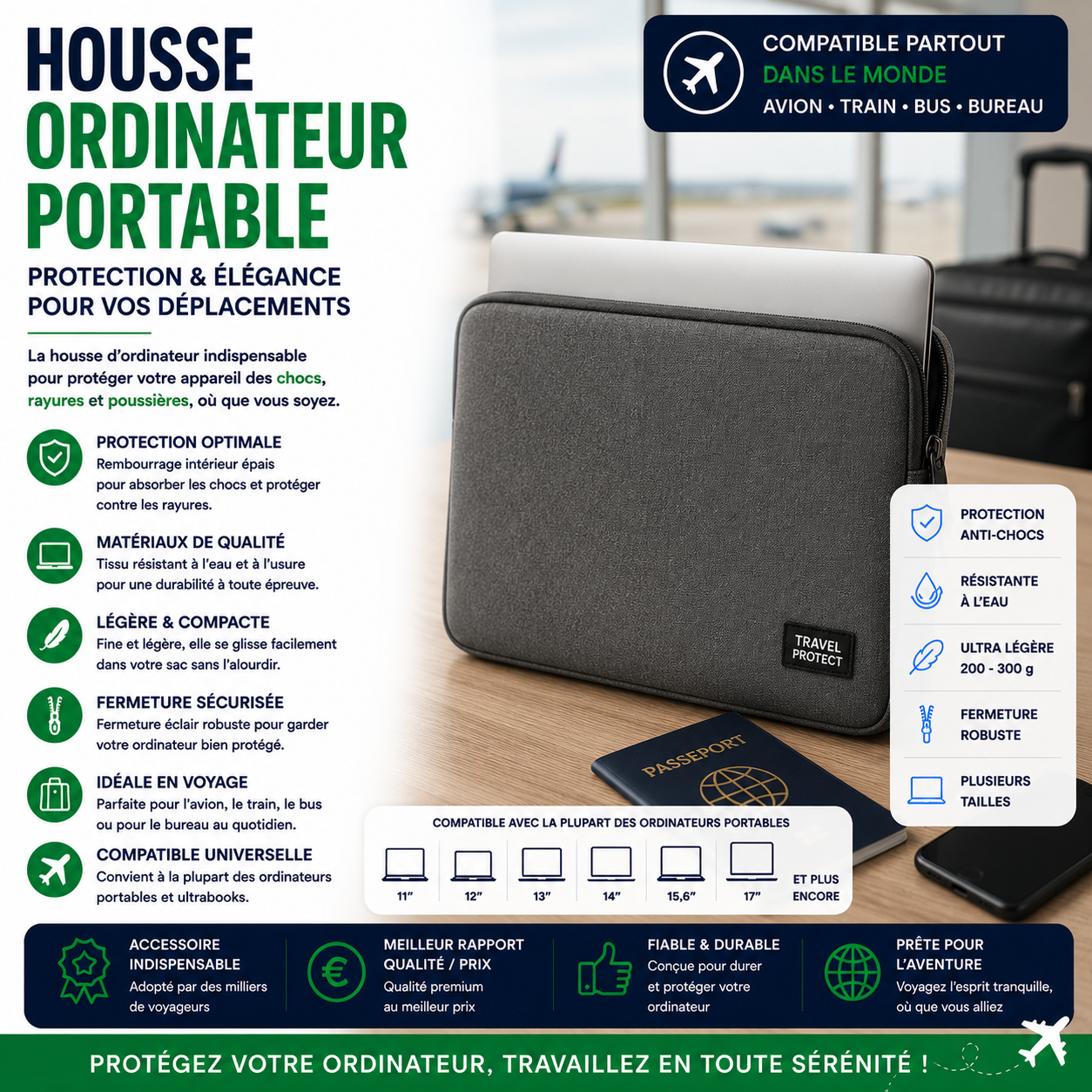 Housse rembourrée pour ordinateur portable protégeant un ordinateur pendant les voyages