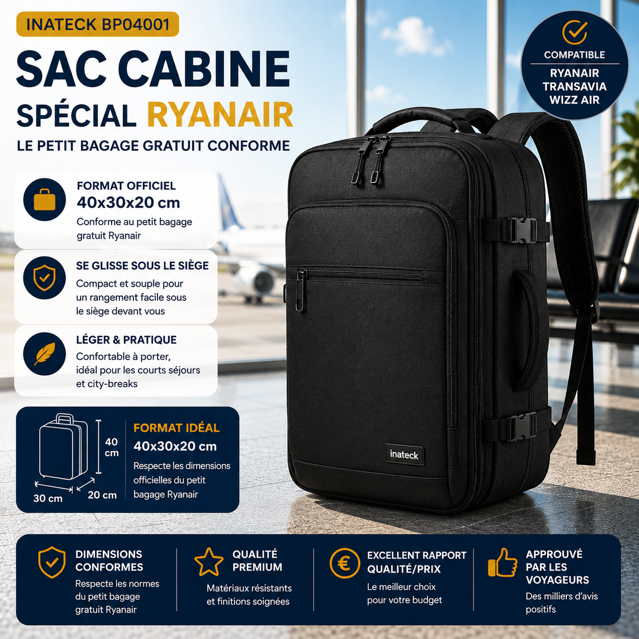 Sac cabine Inateck BP04001 40×30×20 cm compatible Ryanair, Transavia et Wizz Air, idéal comme petit bagage cabine gratuit à placer sous le siège.