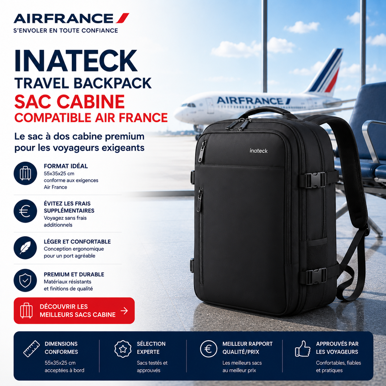 Inateck Travel Backpack sac cabine compatible Air France avec compartiment ordinateur