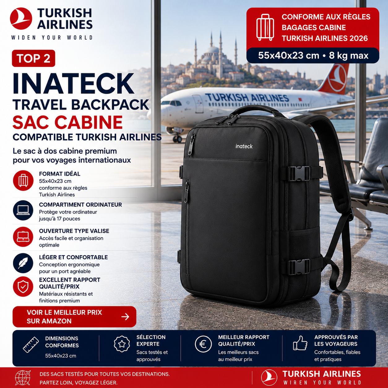 Inateck Travel Backpack sac cabine Turkish Airlines