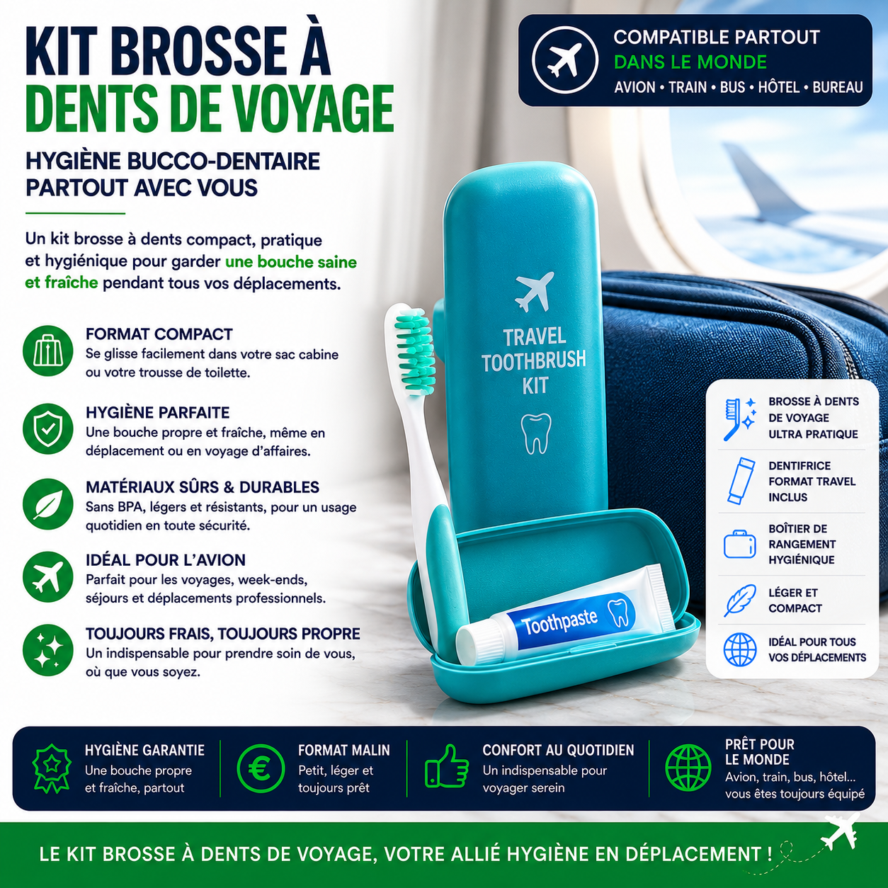 Kit brosse à dents de voyage compact avec étui pour avion hôtel et déplacements