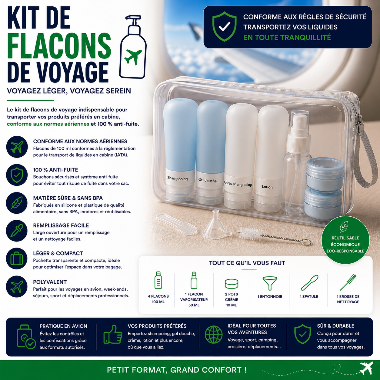 Kit de flacons de voyage conforme aux normes cabine pour transporter shampooing gel douche et cosmétiques